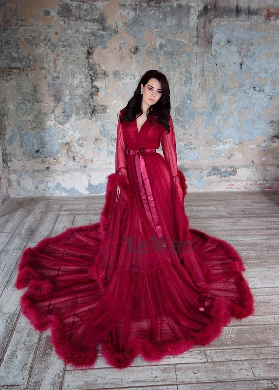 Chic DressBurgundy Feather Long Sleeve Tulle Sexy Evening Dress