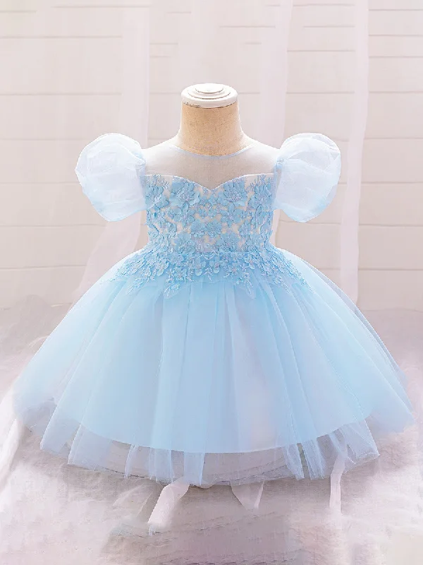 women's glam dressesBall Gown Scoop Puff Sleeves Applique Flower Girl Dresses