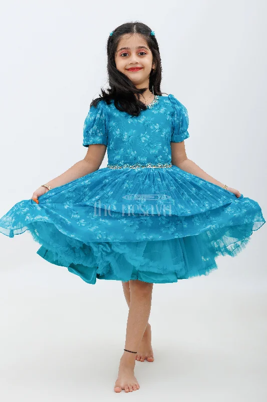 women's short-sleeved dressesBlue Georgette Print Party Frock with Puff Sleeves