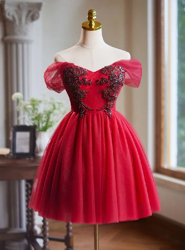 Pearl DressBurgundy Tulle Off the Shoulder Beading Homecoming Dress