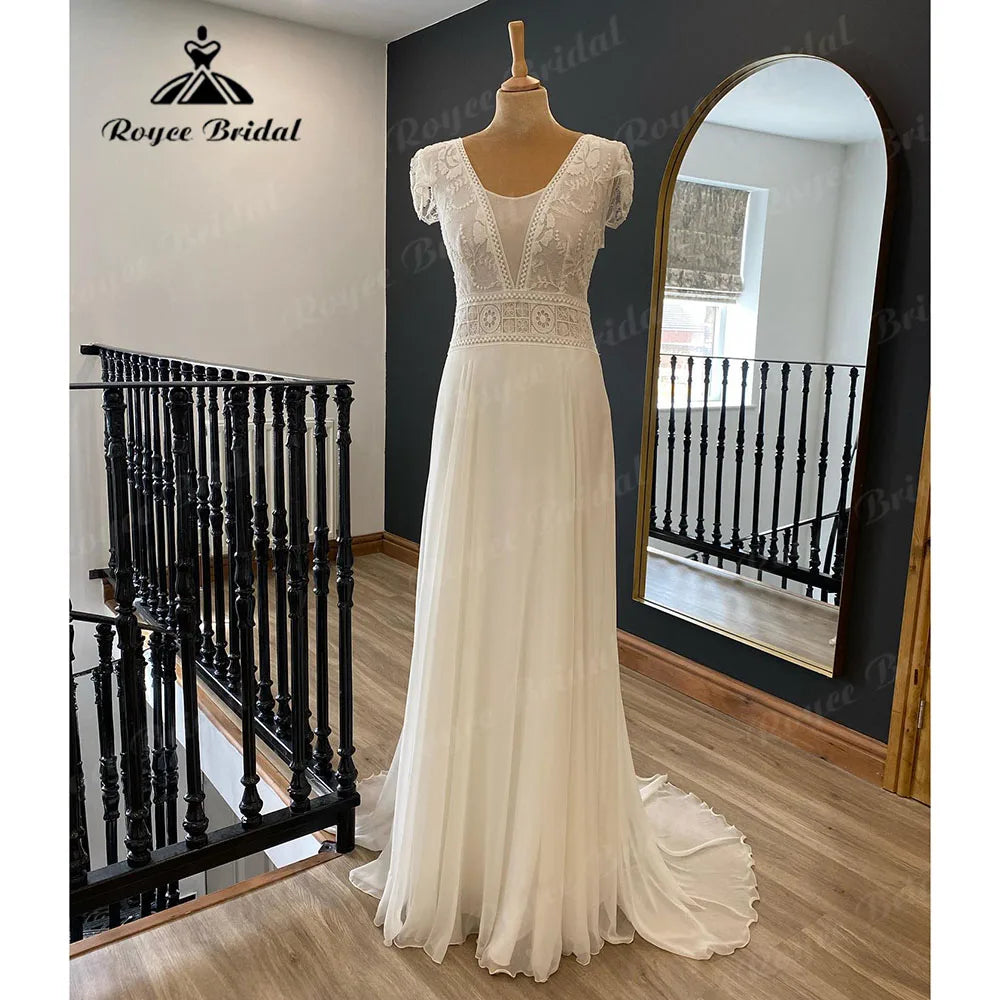 Skater DressRobe De Mariée Bohemian Beach Lace Bodice Chiffon Boho Wedding Dress with Short Cap Sleeve 2024 Women Bridal Gown Roycebridal Skater DressRobe De Mariée Bohemian Beach Lace Bodice Chiffon Boho Wedding Dress with Short Cap Sleeve 2024 Women Bridal Gown Roycebridal