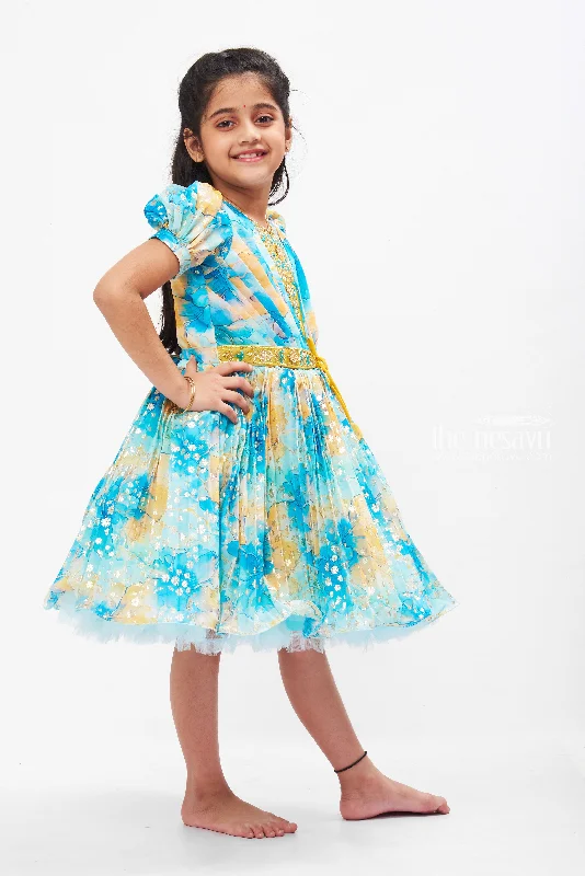 Solid Color DressEnchanted Garden Silk Party Frock in Blue and Yellow