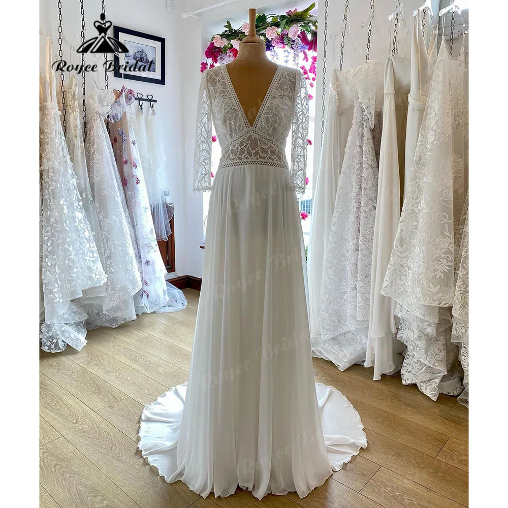 women's easy-to-wear dressesElegant Bohemian Long Sleeve V Neckline Lace Bodice Boho Wedding Dress for Women 2024 Robes Civil Wedding Gown for Bride Summer women's easy-to-wear dressesElegant Bohemian Long Sleeve V Neckline Lace Bodice Boho Wedding Dress for Women 2024 Robes Civil Wedding Gown for Bride Summer