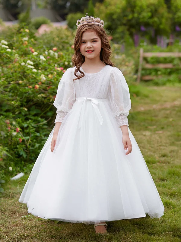 Designer DressBall Gown Scoop 3/4 Sleeves Flower Girl Dresses with Lace