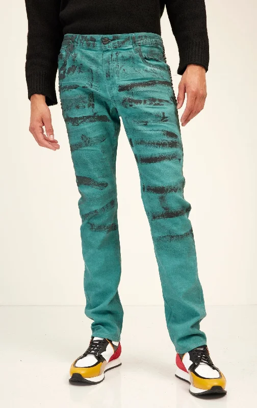 New Arrival Men's JeansBlack Paint Swiped Denim Jeans - Dark Green