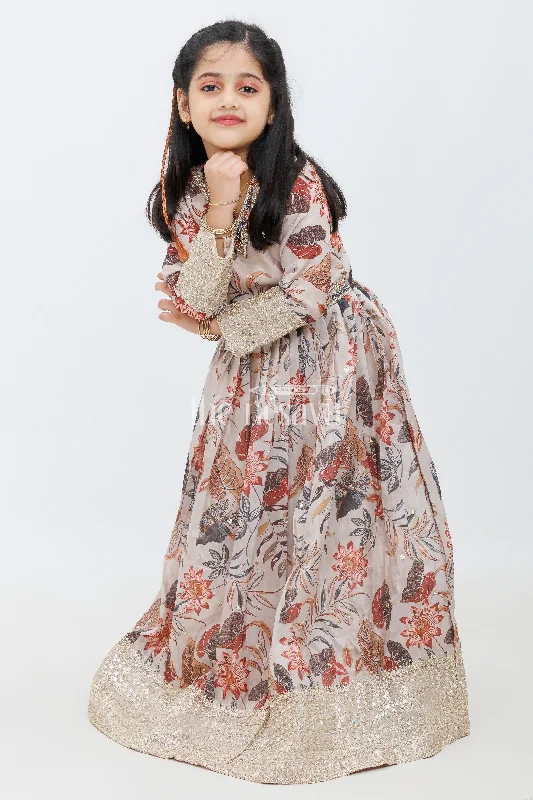 Organza DressCream Viscose Shimmer Tissue Floral Printed Party Gown with Embroidered Cuffs for Girls