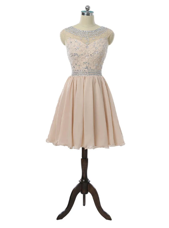 women's metallic dressesChampagne Homecoming Dresses A-line Cap Sleeves Chiffon