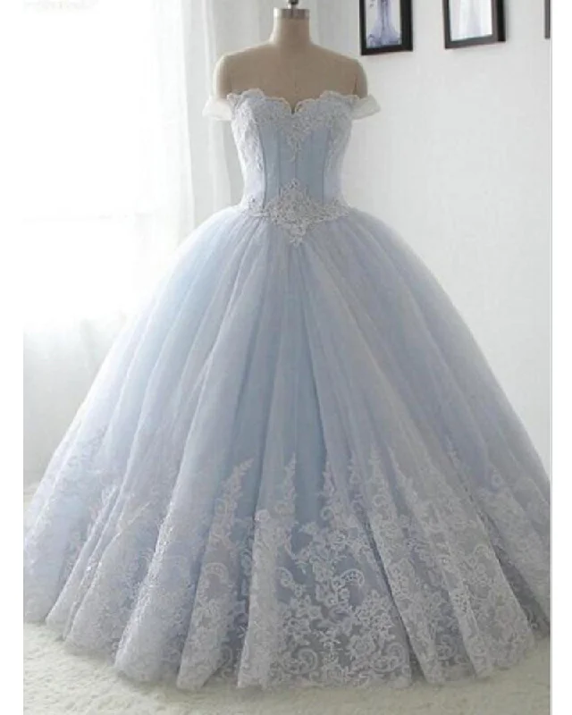Denim DressPrincess Beautiful Off the Shoulder Lace Applqied Ball Gown Light Blue Quinceanera Dress