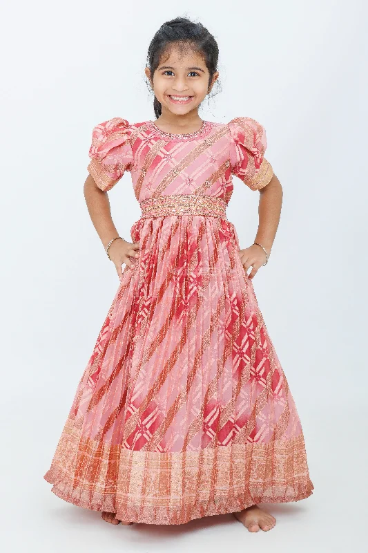 Evening DressGirls Party Gown in Red Tissue Silk with Golden Accents and Geometric Pattern Evening DressGirls Party Gown in Red Tissue Silk with Golden Accents and Geometric Pattern