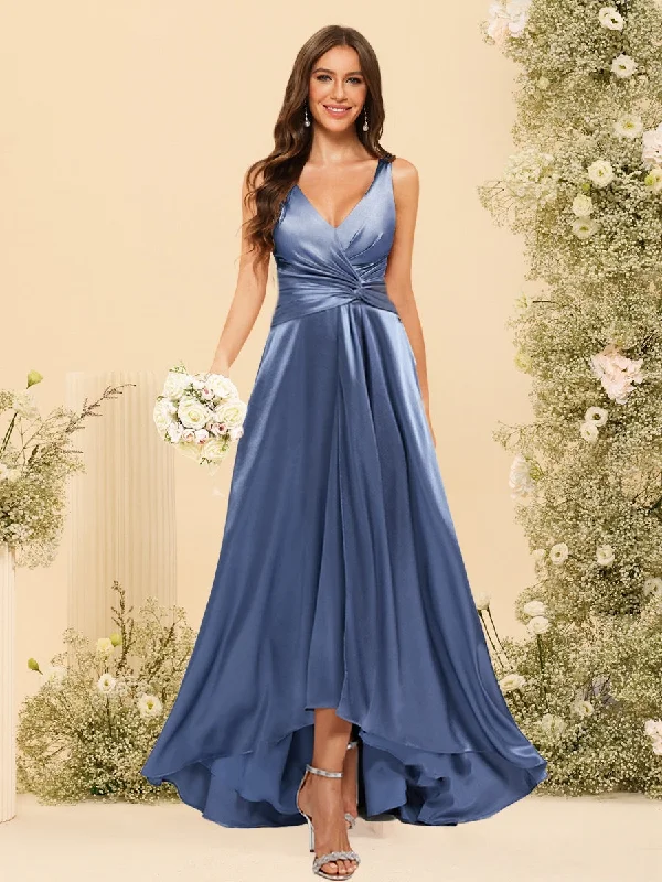 women's sleeveless dressesA-Line/Princess V-Neck Long Formal Dresses with Ruched
