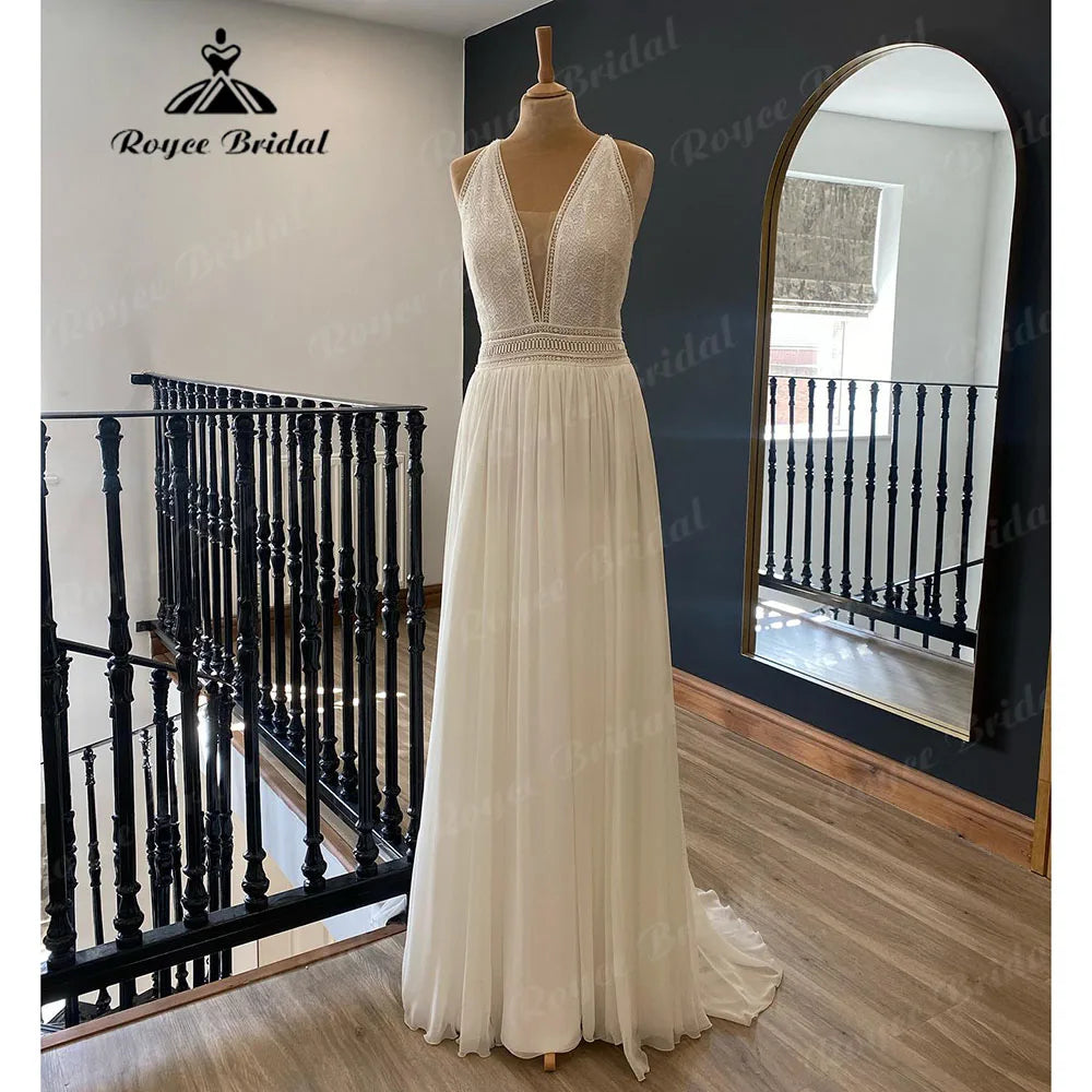 women's high-low dressesPlunging Boho Deep V Neck Lace Chiffon Wedding Dress for Women 2024 Off Shoulder Beach Bridal Gown Summer abito da sposa Elegant women's high-low dressesPlunging Boho Deep V Neck Lace Chiffon Wedding Dress for Women 2024 Off Shoulder Beach Bridal Gown Summer abito da sposa Elegant