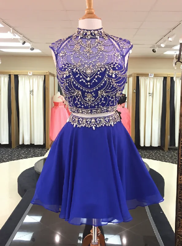 Bridesmaid DressCrystal Beaded High Neck Two Piece Homecoming Dresses in Royal Blue Chiffon Bridesmaid DressCrystal Beaded High Neck Two Piece Homecoming Dresses in Royal Blue Chiffon