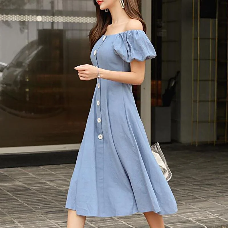 Off-The-Shoulder DressBlue Wide Neck Puff Sleeve Slim A-line Party Dress