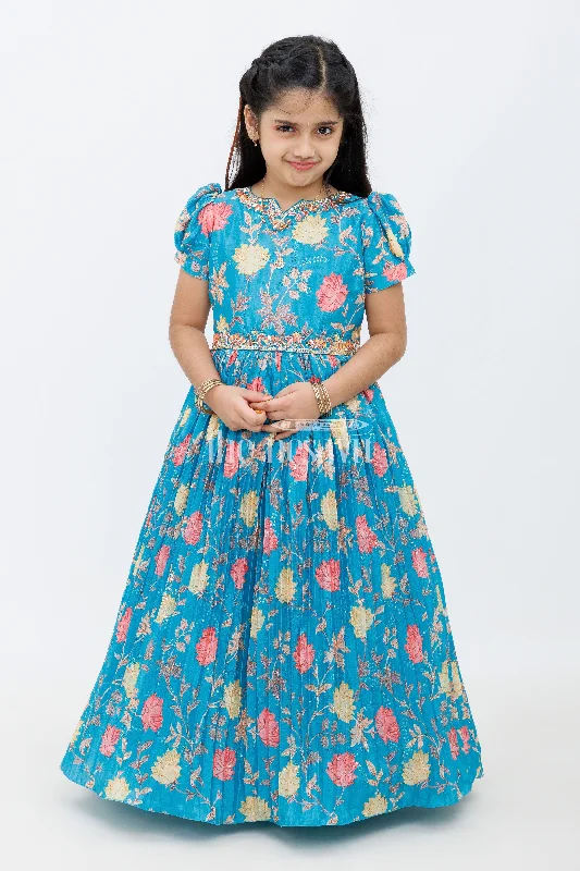 Ruffled Hem DressBlue Chinon Silk Printed Party Gown with Floral Design for Girls