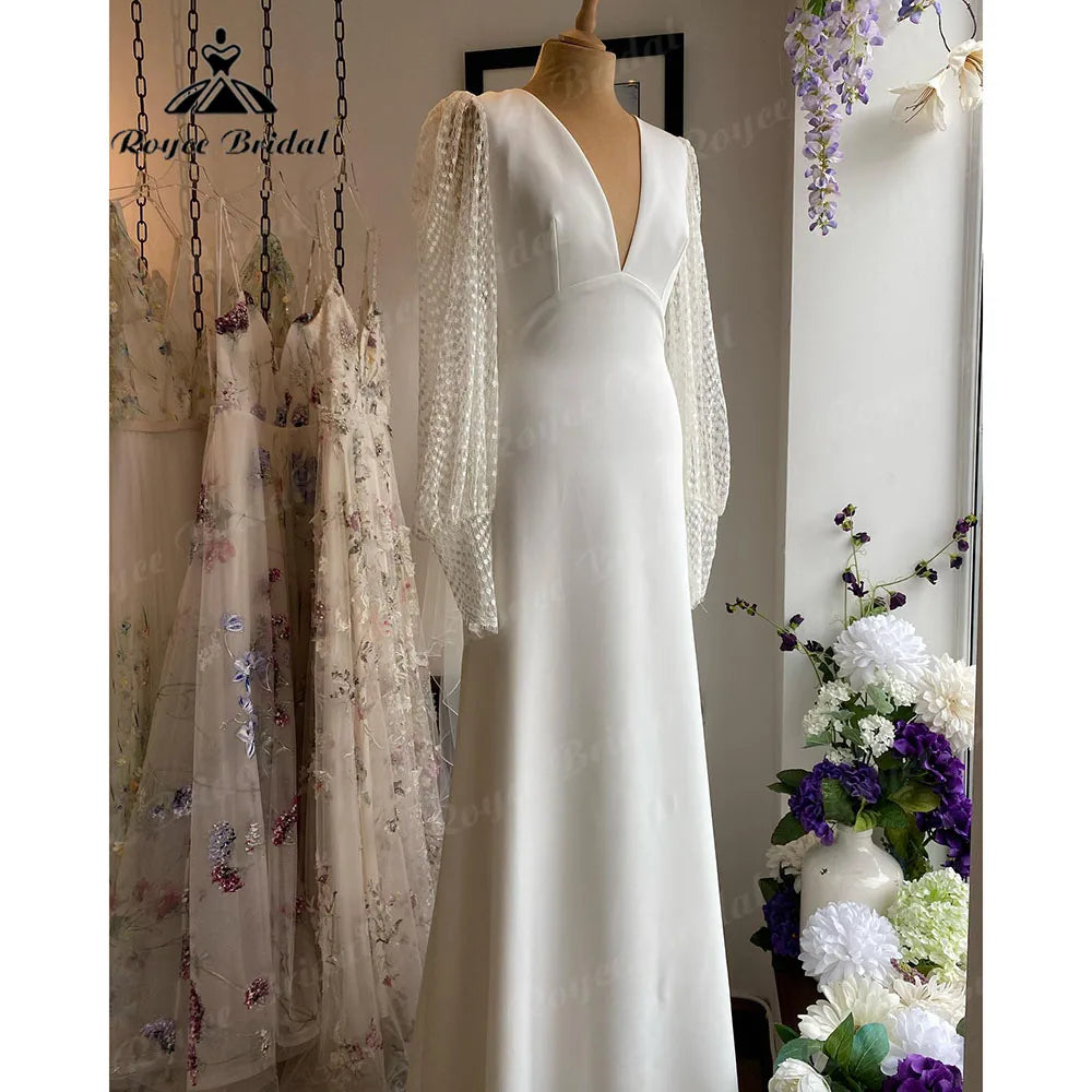 Tea-Length DressLong Sleeve Lace Soft Satin V Neck Open Back Wedding Dress Women 2024 Robe Boheme Femme Chic Bridal Receipt Dinner Party Gown Tea-Length DressLong Sleeve Lace Soft Satin V Neck Open Back Wedding Dress Women 2024 Robe Boheme Femme Chic Bridal Receipt Dinner Party Gown