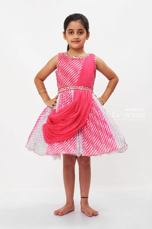 Flutter-Sleeve DressLuxurious Pink and Silver Festive Silk Frock for Girls - Dazzling Party Wear Flutter-Sleeve DressLuxurious Pink and Silver Festive Silk Frock for Girls - Dazzling Party Wear