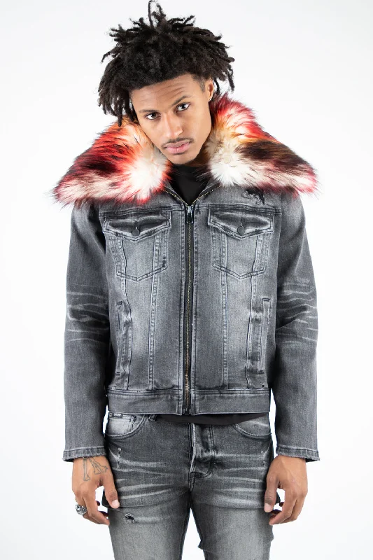 Leather Patch Men's JeansKURT REMOVABLE FUR COLLAR JACKET BLACK