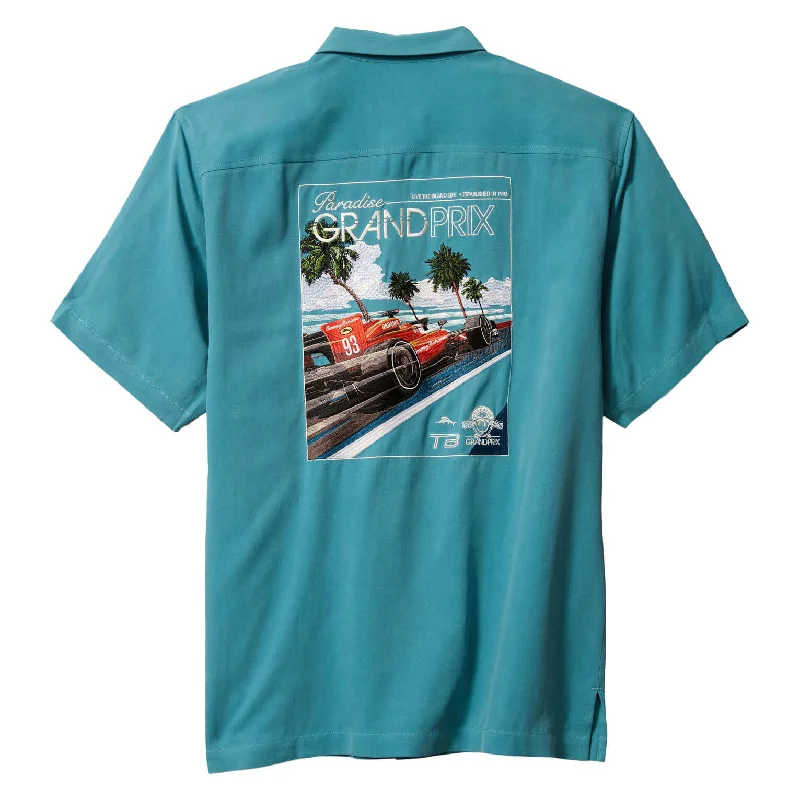 Men's Solid-Color Button-Down Shirts for VersatilityTommy Bahama Men's Tommy Grand Prix Embroidered Silk Camp Shirt - Dark Canal Blue Men's Solid-Color Button-Down Shirts for VersatilityTommy Bahama Men's Tommy Grand Prix Embroidered Silk Camp Shirt - Dark Canal Blue