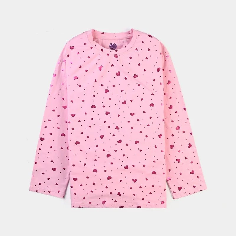 Men's Shirts with Rounded HemlinesGirls Lycra Jersey T-Shirt F/S Pink Heart-Pink