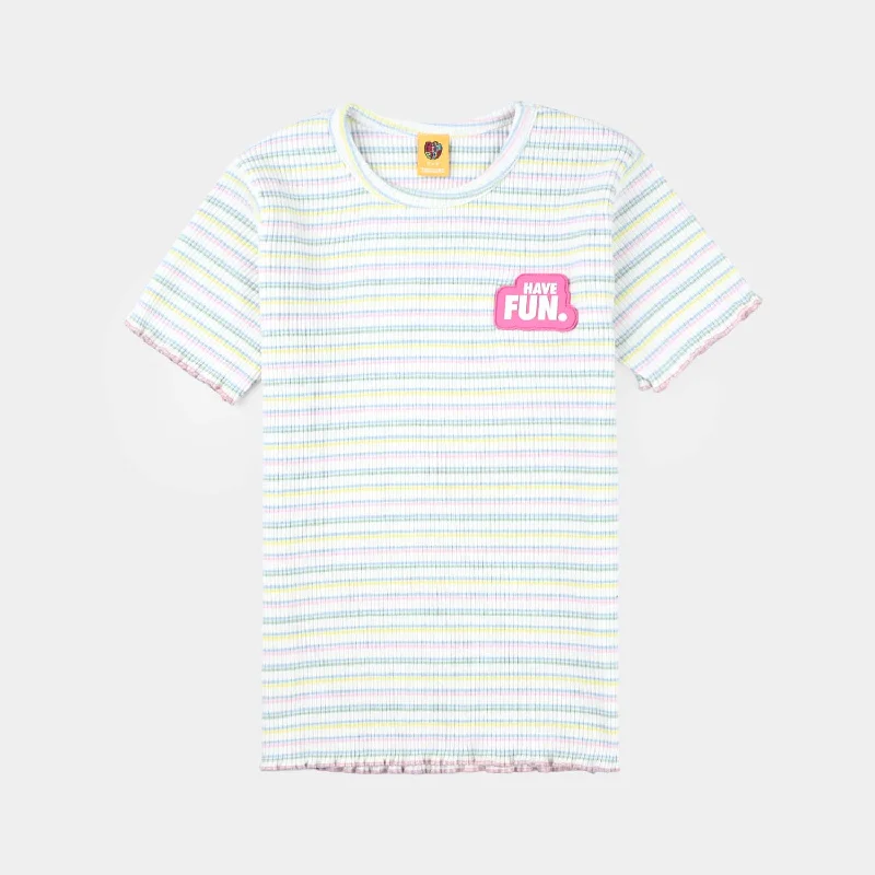 Men's Shirts with Elastic WaistbandsGirls Yarn Dyed rib T-Shirt H/S HAVE FUN-Multi Men's Shirts with Elastic WaistbandsGirls Yarn Dyed rib T-Shirt H/S HAVE FUN-Multi