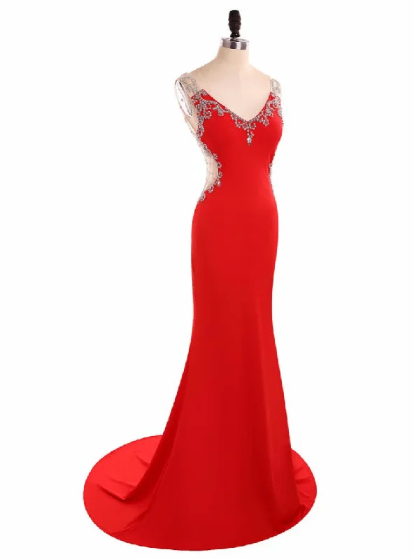 Laced DressFashion V Neck Mermaid Satin Lace Beaded Red Long Evening Dresses