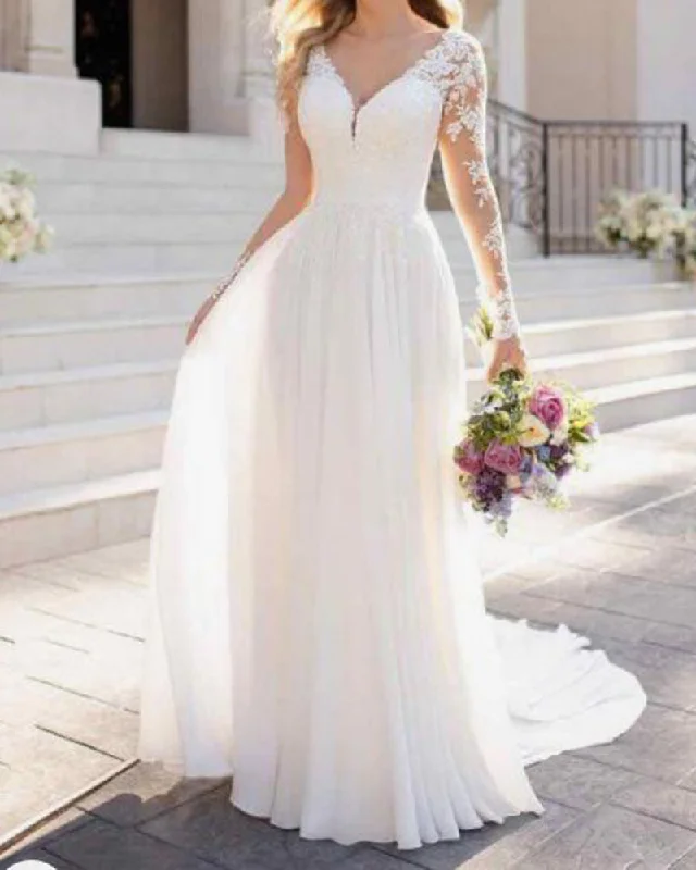 women's minimalist dressesWD05171 Chiffon Long Sleeves Beach Wedding Dress 2020 Women Bridal Lace Gown women's minimalist dressesWD05171 Chiffon Long Sleeves Beach Wedding Dress 2020 Women Bridal Lace Gown