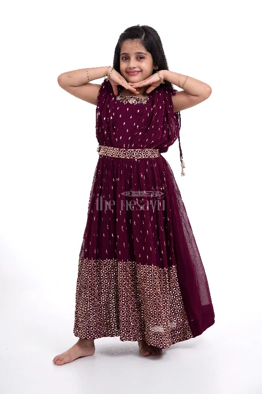 women's bridesmaid dressesMaroon Georgette Embroidered Party Gown for Girls