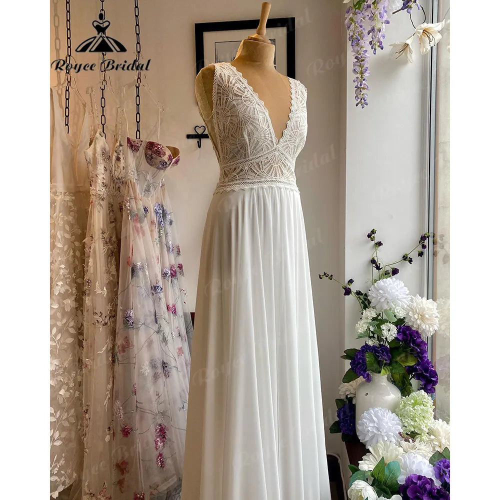 Shift DressRobe Summer Lace Bodice Chiffon Boho V Neck Wedding Dress for Women 2024 Bridal Gown Custom Made vestido de novia Roycebridal Shift DressRobe Summer Lace Bodice Chiffon Boho V Neck Wedding Dress for Women 2024 Bridal Gown Custom Made vestido de novia Roycebridal