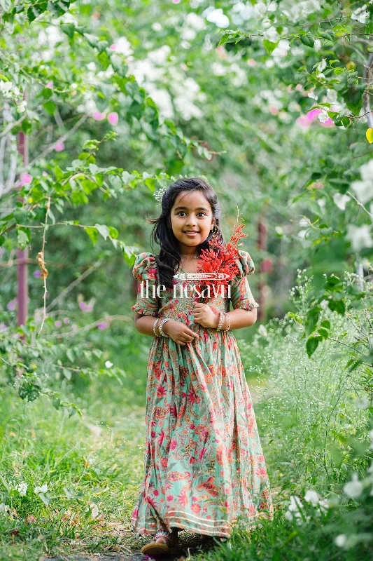 women's midi dressesBeautiful Green Floral Muslin Silk Party Gown for Girls