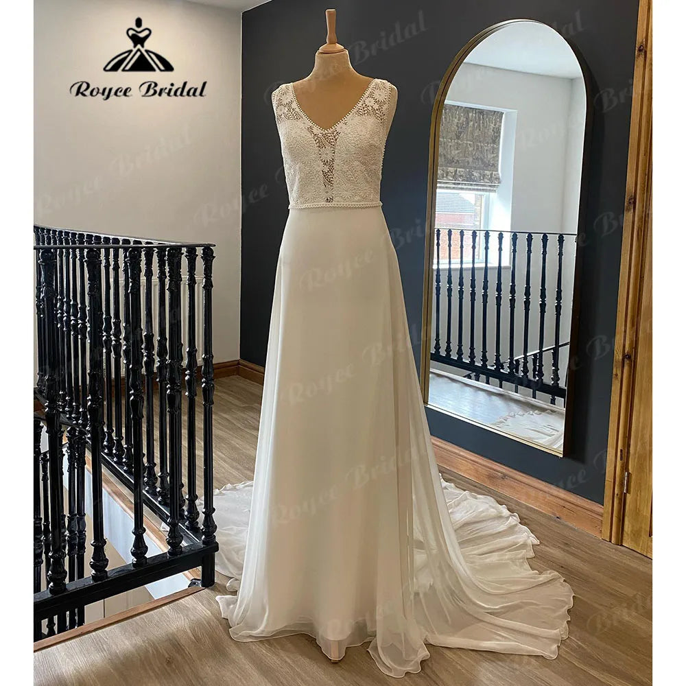 Peter Pan Collar DressVintage Bohemian V Neck Lace Bodice Chiffon Boho Wedding Dress for Bride Bridal Gown vestido de noiva simples Sweep Train Peter Pan Collar DressVintage Bohemian V Neck Lace Bodice Chiffon Boho Wedding Dress for Bride Bridal Gown vestido de noiva simples Sweep Train