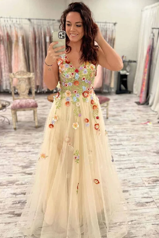 Bridesmaid DressAlina | Gorgeous V-Neck Floral Long Formal Dress with Embroidery