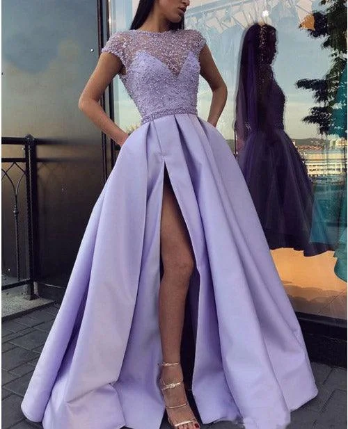 A-Line DressHigh Slit Satin Lace Beaded Purple Evening Dress