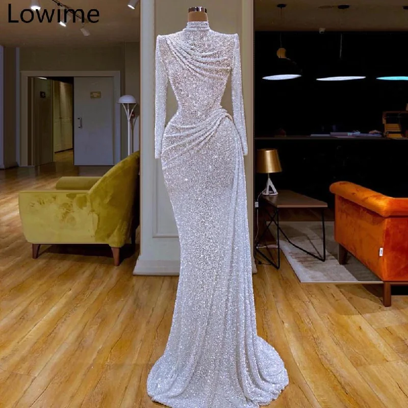 Trumpet DressWhite Glitter Formal Evening Long Sleeve Arabic Evening Dress