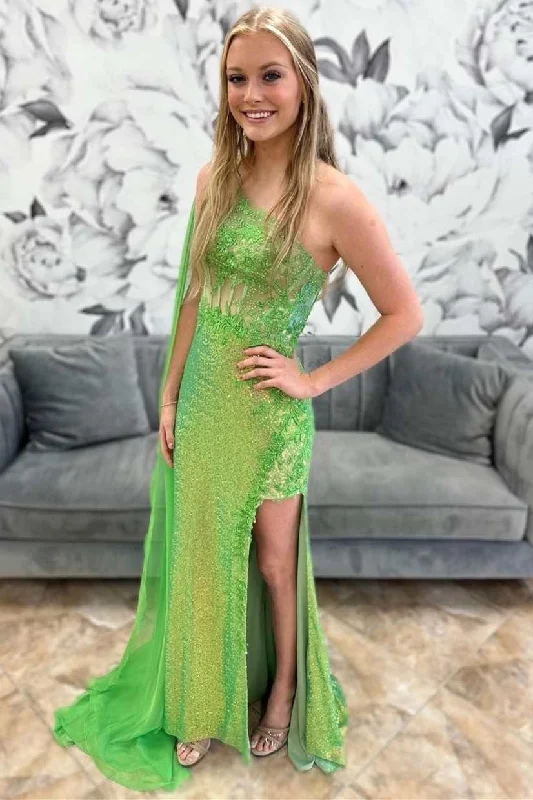 women's custom dressesGreen Sequin Lace One-Shoulder Long Formal Dress with Attached Train women's custom dressesGreen Sequin Lace One-Shoulder Long Formal Dress with Attached Train