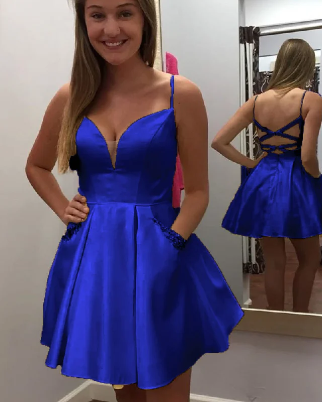Bridesmaid DressA Line Satin Royal Blue Homecoming Dress  Girls Junior Short Semi Formal Cocktail Gown SP10809