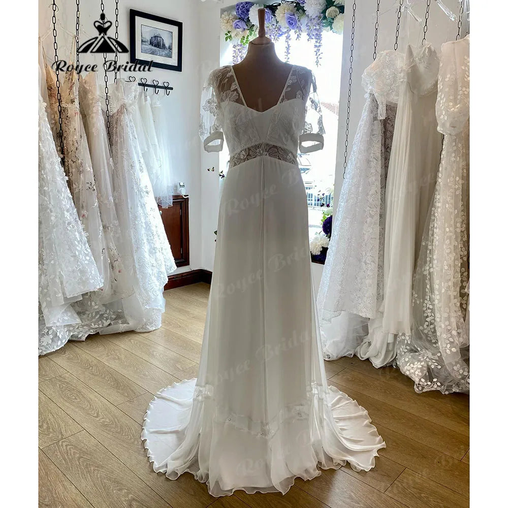 Elegant DressVestidos Boheme Lace Boho Beach V Neck Chiffon Wedding Dress with Puff Short Sleeve Summer Bridal Gown robes de mariée Sexy Elegant DressVestidos Boheme Lace Boho Beach V Neck Chiffon Wedding Dress with Puff Short Sleeve Summer Bridal Gown robes de mariée Sexy