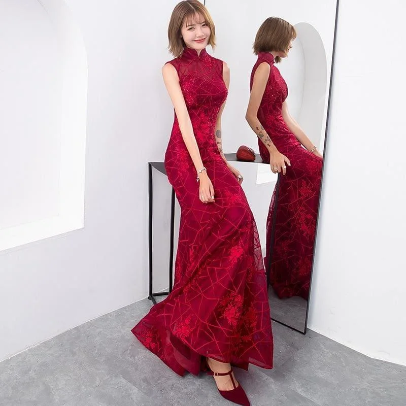 Glamour DressRed Mermaid Long Chinese Traditional Retro Cheongsam Lace Qipao Evening Dress Glamour DressRed Mermaid Long Chinese Traditional Retro Cheongsam Lace Qipao Evening Dress