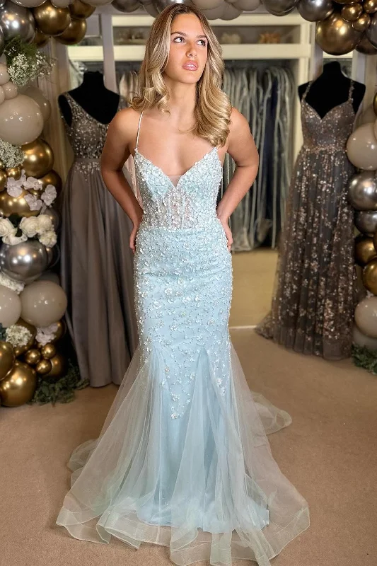 women's wrinkle-resistant dressesVada | Light Blue Floral Appliques V-Neck Lace-Up Long Gown women's wrinkle-resistant dressesVada | Light Blue Floral Appliques V-Neck Lace-Up Long Gown