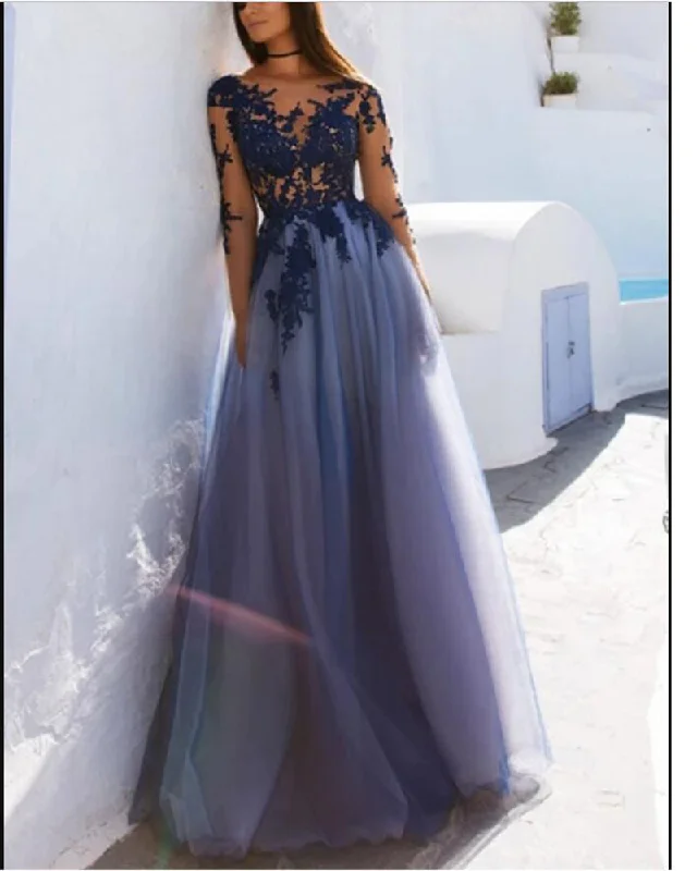 Ball Gown DressElegant Vintage Long Sleeved See Through Blue Tulle Lace Gowns for Prom Long Wedding Party Dresses PL77840 Ball Gown DressElegant Vintage Long Sleeved See Through Blue Tulle Lace Gowns for Prom Long Wedding Party Dresses PL77840