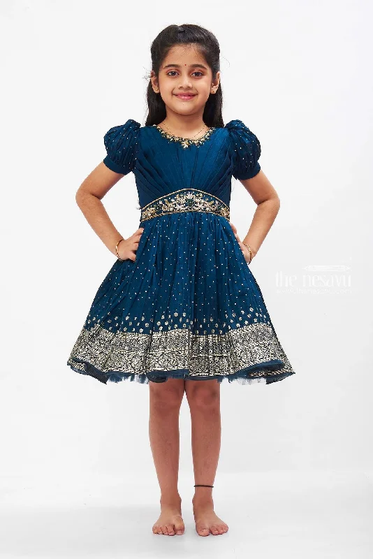 Short-Sleeve DressEnchanting Emerald Green Silk Party Frock with Golden Detailing