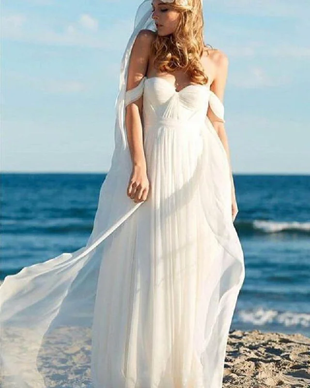 Floral DressElegant Ivory Chiffon Beach Wedding Dresses with Off Shoulder WD652