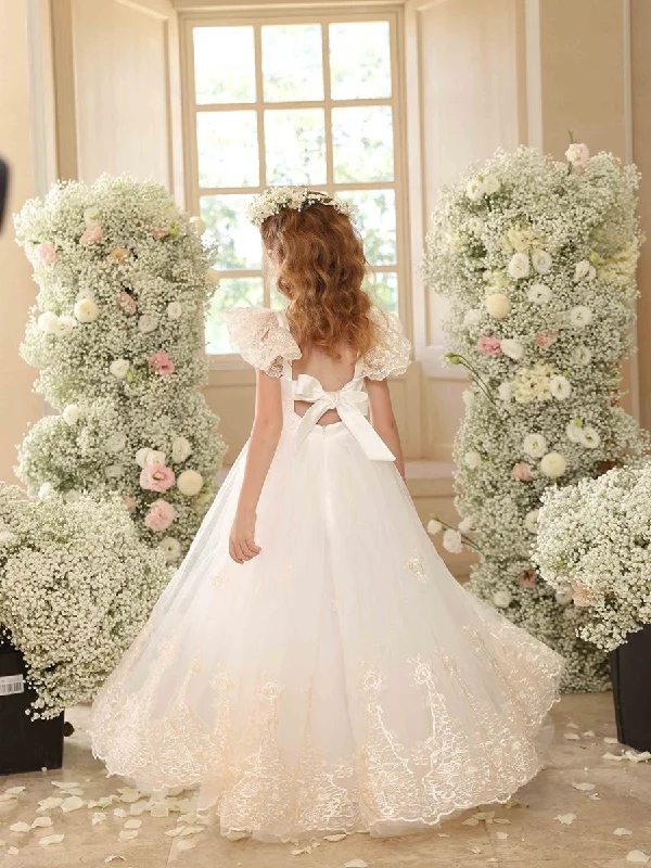 Ruffled Hem DressBall Gown Crew Neck Flying Sleeves Flower Girl Dresses with Applique Ruffled Hem DressBall Gown Crew Neck Flying Sleeves Flower Girl Dresses with Applique