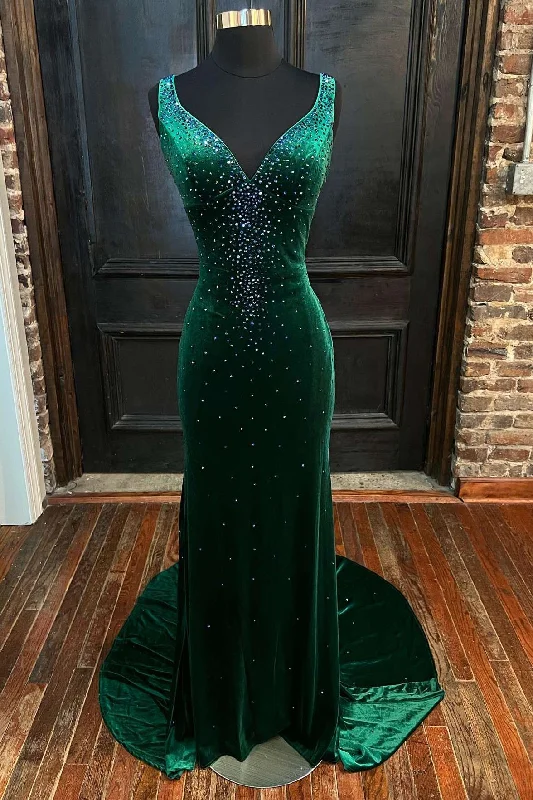 women's versatile dressesEmerald Velvet V-Neck Cutout Back Mermaid Long Formal Dress women's versatile dressesEmerald Velvet V-Neck Cutout Back Mermaid Long Formal Dress