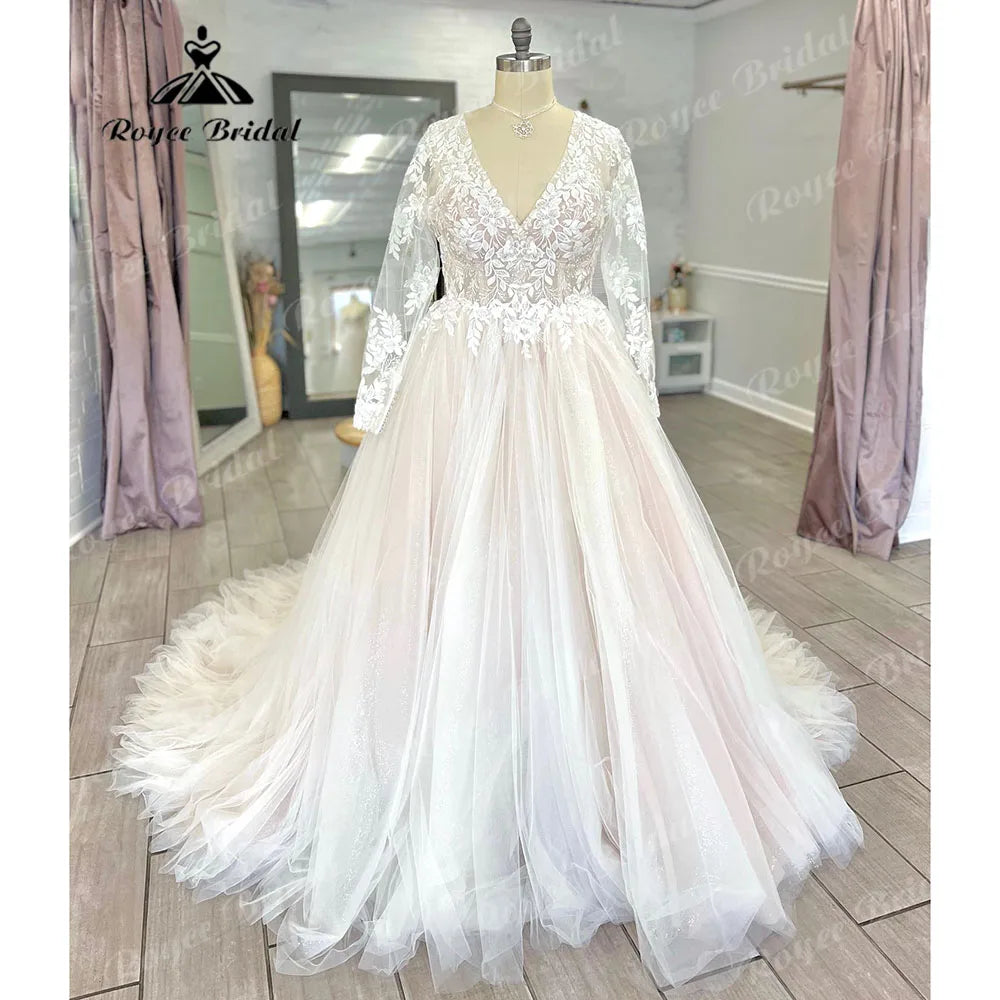 women's lace-up dressesVestido Novia Long Sleeve Lace Plus Size Backless V Neckline Wedding Dress for Bride Appliques Women Wedding Gown gelinlik women's lace-up dressesVestido Novia Long Sleeve Lace Plus Size Backless V Neckline Wedding Dress for Bride Appliques Women Wedding Gown gelinlik