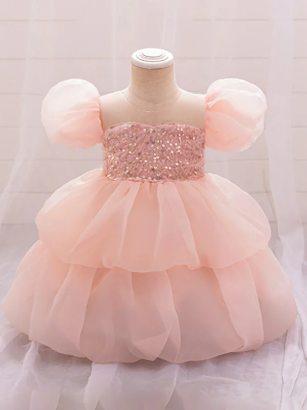 women's retro dressesBall Gown Scoop Puff Sleeves Tiered Flower Girl Dresses