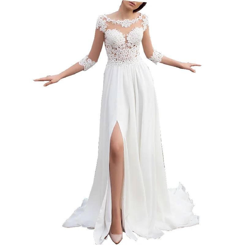 women's maximalist dresses3/4 Sleeves Beach Wedding Dress Summer Boho Lace Bridal Gown Sexy Slit Leg women's maximalist dresses3/4 Sleeves Beach Wedding Dress Summer Boho Lace Bridal Gown Sexy Slit Leg