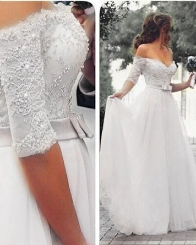 High-Neck DressA Line Half Sleeves lace and Tulle off the Shoulder Wedding Dresses White Long Bridal Gown High-Neck DressA Line Half Sleeves lace and Tulle off the Shoulder Wedding Dresses White Long Bridal Gown