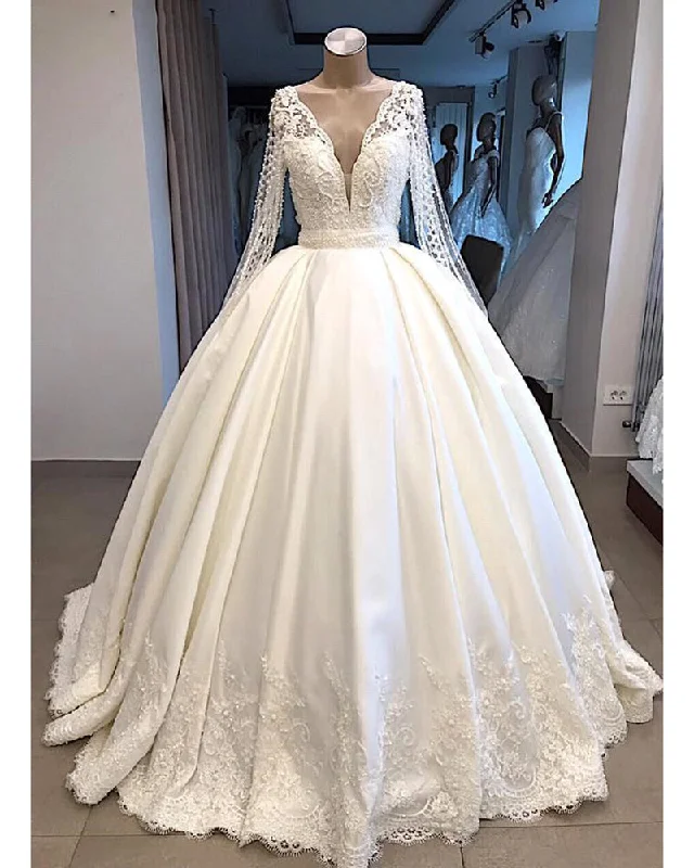 women's floral dressesRobe De Mariee Vintage Wedding Dress Long Sleeves with Pearl Lace Gown WD0907