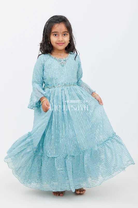 Satin DressGirls Teal Party Gown with Shimmering Metallic Stripes and Full Flared Silhouette Satin DressGirls Teal Party Gown with Shimmering Metallic Stripes and Full Flared Silhouette
