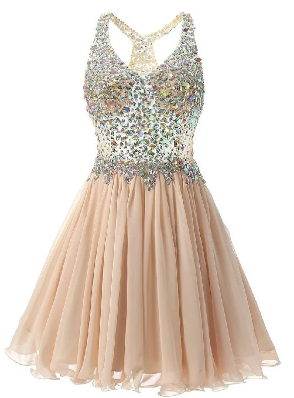 women's solid color dressesChampagne Chiffon Crystal V-neck Homecoming Dress